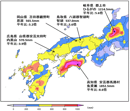出典：気象庁　6月28日から7月8日までの総降水量（アメダス）